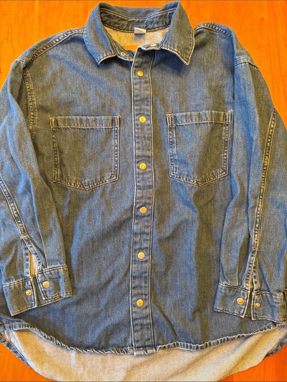 Oversized Denim Snap Front Shirt in Washed Blue